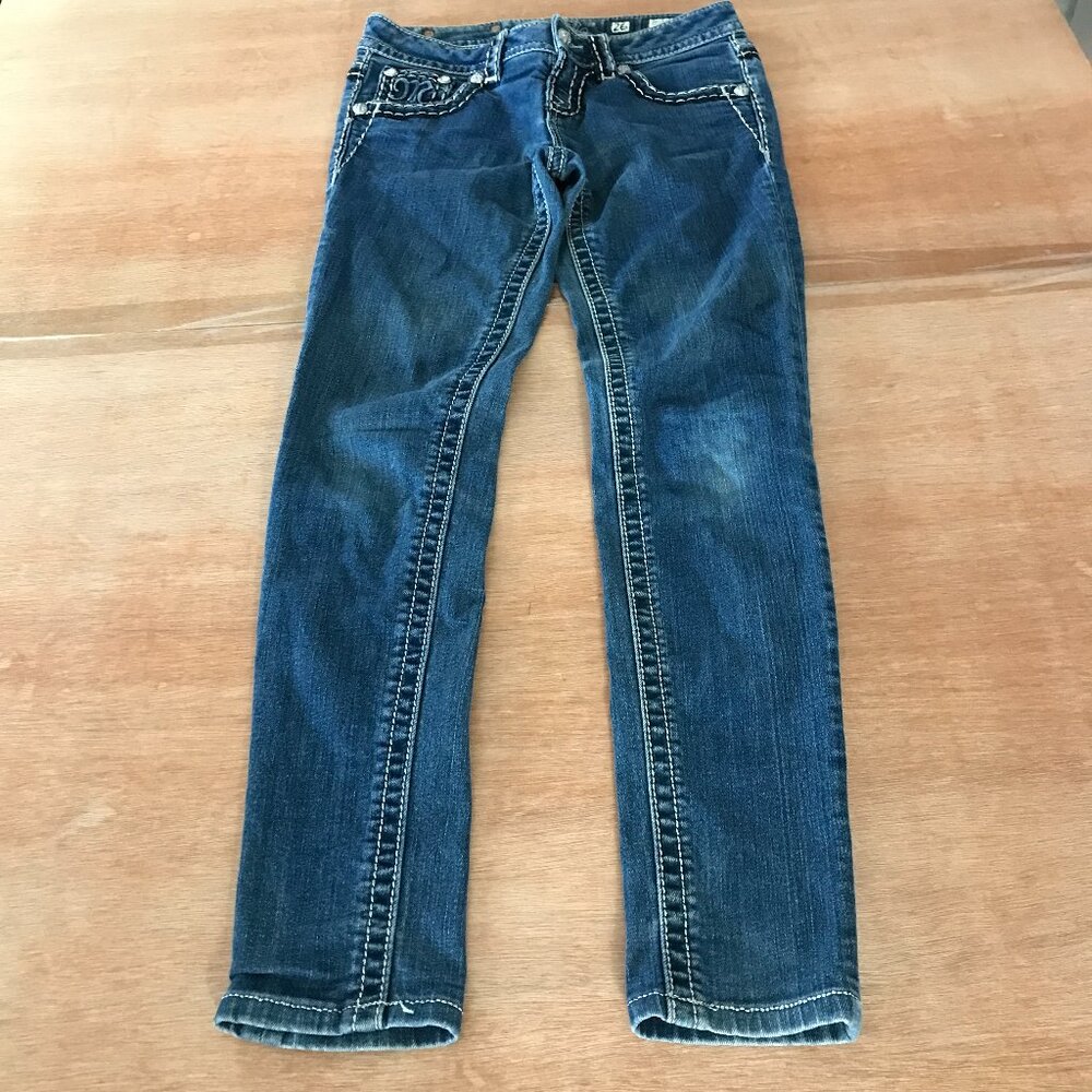 Miss Me Mid Rise Skinny Jeans Women 26 Blue Embellished Thick Stitch Studded - Picture 2 of 16